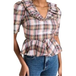 New‎ Saylor Ilene Metallic Ruffle Peplum Puff Sleeve Blouse Pink Plaid Print L